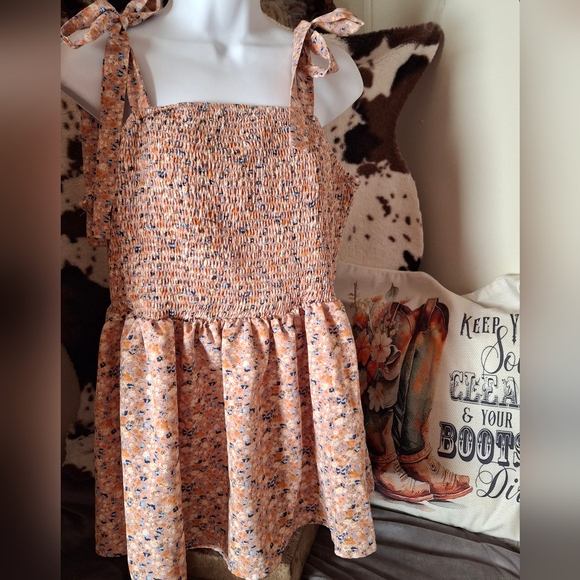 Tops - Floral Smocked Tank Top with Tie Straps